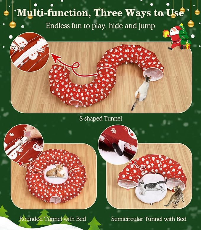 Pawaboo Cat Tunnel Bed Under Christmas Tree, 35.4'' Christmas Cat Toy Circle Tunnel with Toy Ball, Decorative Christmas Festive Foldable Kitty Tube Tunnel for Cat Small Animal (Red Snowman)