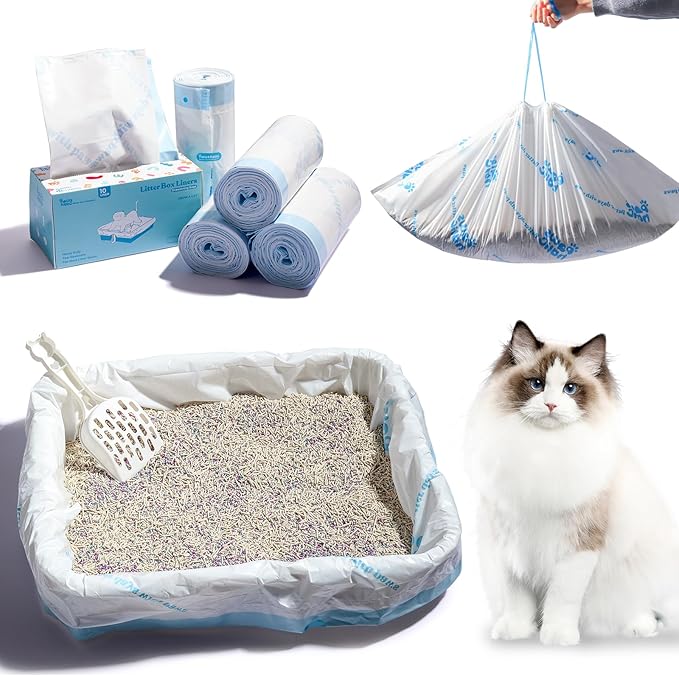 Cat Litter Box Liners-Jumbo Drawstring Thickened Cat Box Liner, Leak and Tear Resistant-10 Count 36" x 18", Replacement Waste Bags