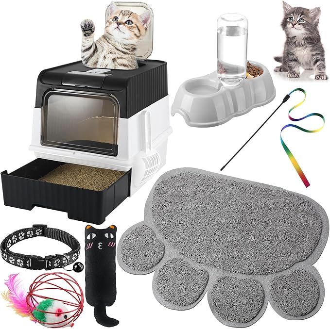 Tioncy 7 Pcs Small Cat Kitten Starter Kit Cat Litter Box with Shovel Cat Paw Litter Mat Double Automatic Cat Bowls Cat Toy Teaser Stick Cat Collar Essentials Kits for 1-3 Lbs Beginner (Black)