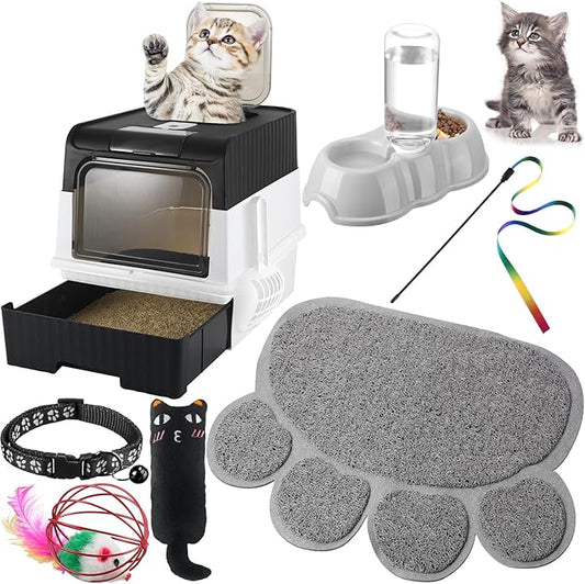 Tioncy 7 Pcs Small Cat Kitten Starter Kit Cat Litter Box with Shovel Cat Paw Litter Mat Double Automatic Cat Bowls Cat Toy Teaser Stick Cat Collar Essentials Kits for 1-3 Lbs Beginner (Black)