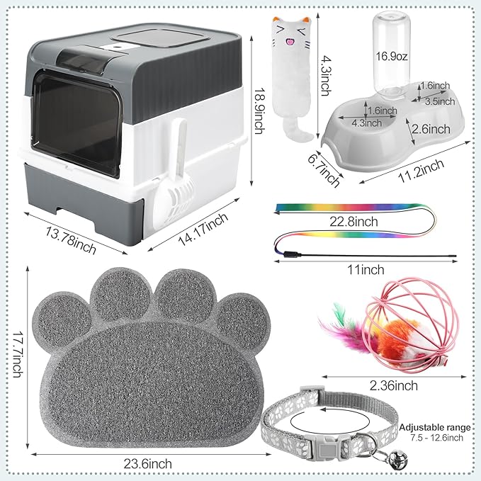 Tioncy 7 Pcs Small Cat Kitten Starter Kit Cat Litter Box with Shovel Cat Paw Litter Mat Double Automatic Cat Bowls Cat Toy Teaser Stick Cat Collar Essentials Kits for 1-3 Lbs Beginner (Gray)