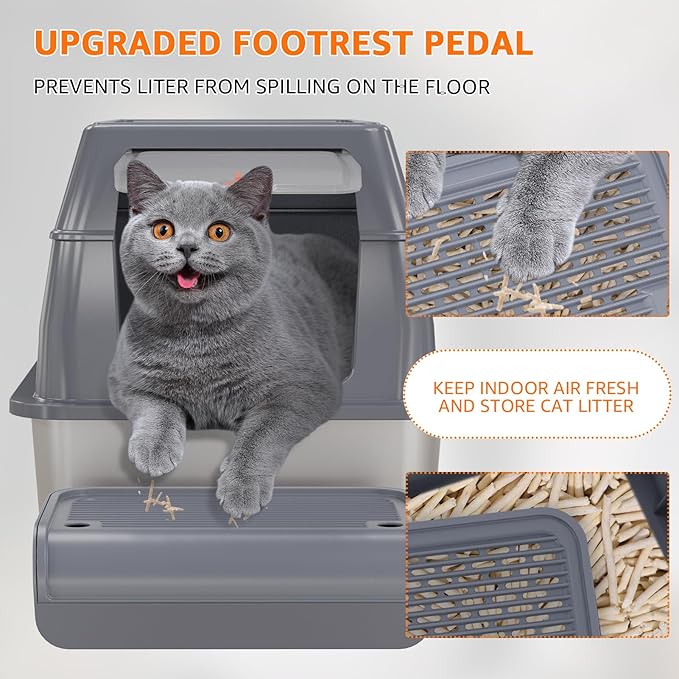 MIKK Enclosed Stainless Steel Cat Litter Box with Lid XL Extra Large Litter Box for Big Cats,Never Absorbs Odors, Sturdy Easy to Clean Non-Sticky Anti-Leakage with Cat Scratcher Mat(Grey)