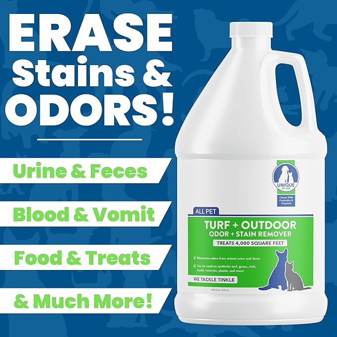 Unique Turf & Outdoor Odor and Stain Remover, Outdoor Pet Odor Eliminator, Removes Animal Odors and Stains from Yard, Grass, Other Outdoor Spaces, 128 oz. Liquid Concentrate