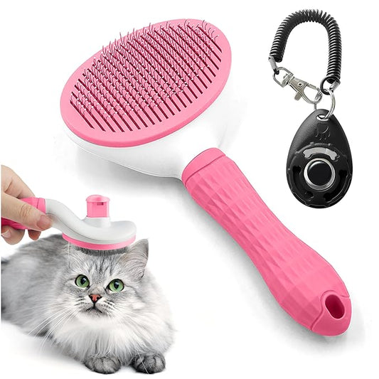 Cat & Dog Grooming Essentials: Self-Cleaning Slicker Brush for Shedding, Long Hair & Clicker for Training (PINK)