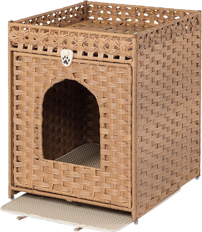 Snughome Cat Litter Box Enclosure Furniture Hidden with Cat Litter Mat, Hidden Cat Washroom Furniture with Door, Handwoven Rattan Cat Washroom Box, Indoor Pet House for Living Room, Bedroom(Natural)