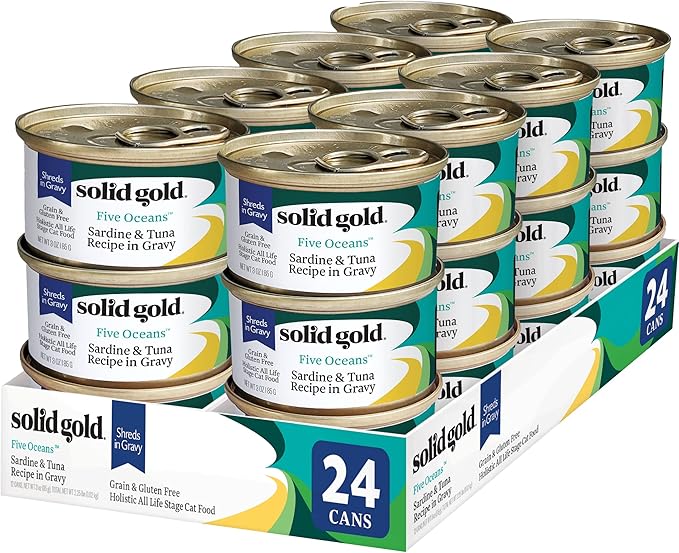 Solid Gold Wet Cat Food Shreds in Gravy - Canned Cat Food Made w/Real Tuna & Sardine - Five Oceans Grain Free 24ct/3oz Can
