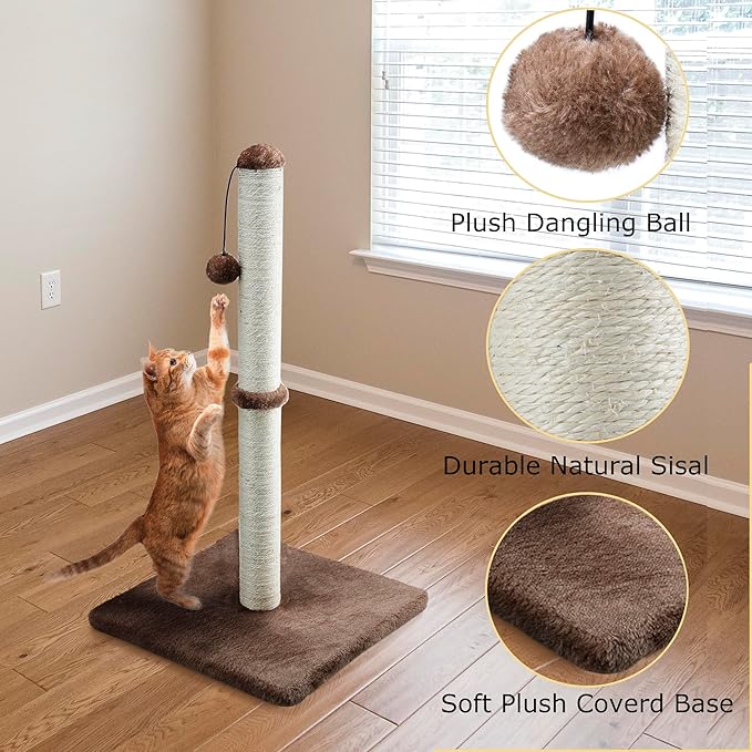 Dimaka 34" Tall Cat Scratching Post for Large Cats and Kittens, High Vertical Scratcher with Premium Natural Sisal Rope and Interactive Hanging Ball for Indoor Cats (Dark Brown, 34 inches)