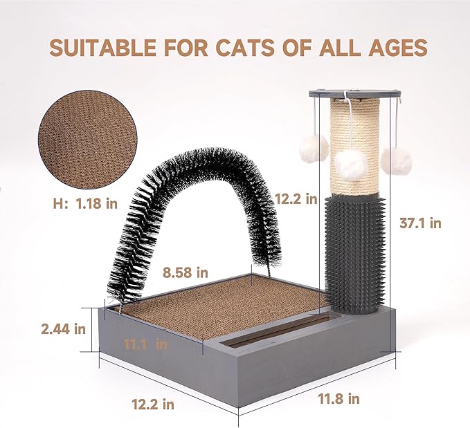 Cat Scratching Post with Cat Tower Tree and Cats Arch Self Groomer Massager Brush Kitty Ball Toys for Kittens,Cat Posts and Scratchers for Indoor Pets,Interactive Toy with Ball Track Spring Ballā¦