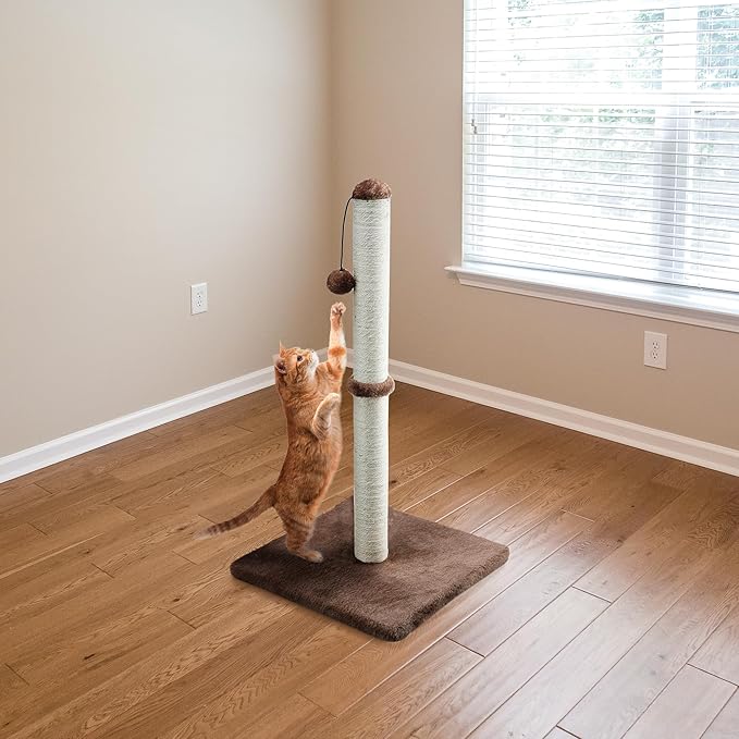 Dimaka 34" Tall Cat Scratching Post for Large Cats and Kittens, High Vertical Scratcher with Premium Natural Sisal Rope and Interactive Hanging Ball for Indoor Cats (Dark Brown, 34 inches)