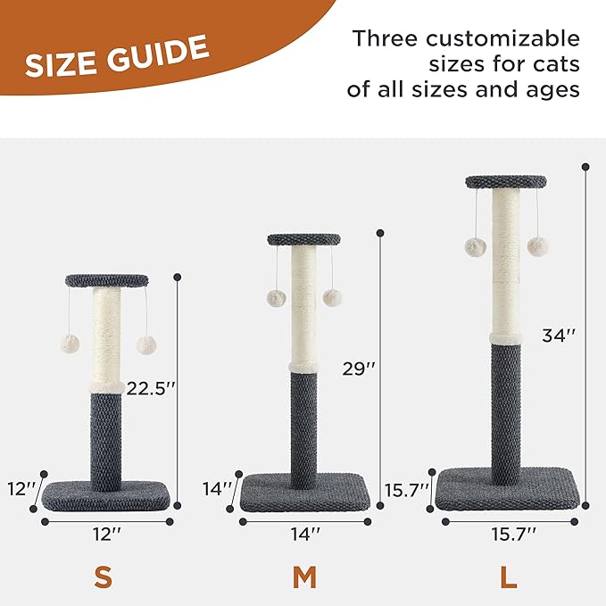 Lesure 29" Tall Cat Scratching Post - Premium Sisal Rope Highly Resistant Carpet Scratching Posts for Indoor Cats Adults, Sturdy Large Cat Scratch Pole with Hanging Ball, Grey(29 inch)
