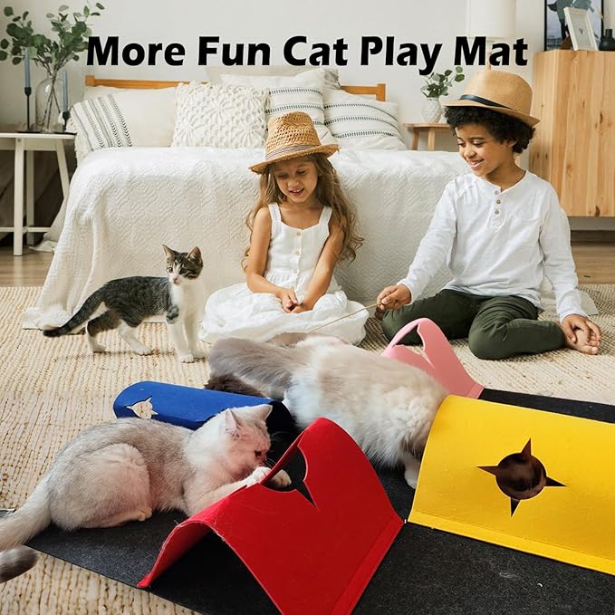 Cat Play Mat, Collapsible Cat Activity Mat with Cat Cave and Cat Tunnel, Fun Tunnel Cat Carpet, and Stimulating Cat Toys, The Perfect Combination of Entertainment and Rest