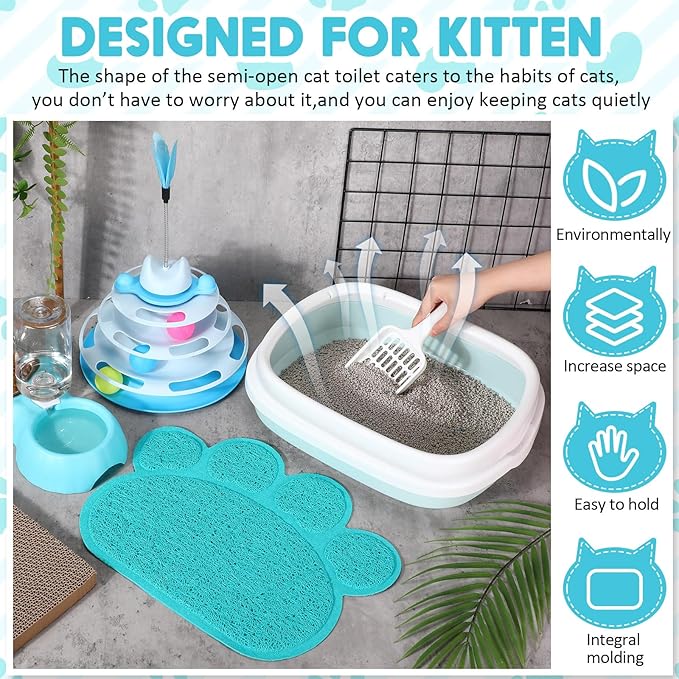 5 Pcs Small Cat Kitten Starter Kit Include Cat Litter Box with Shovel Cat Paw Litter Mat Scratch Pad Automatic Cat Bowls Turntable Cat Toys Balls Cat Essentials Kits for Cats Life(Blue)