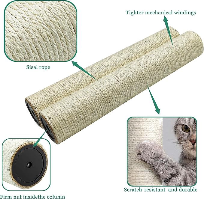 Cat Scratching Post Replacement Pole,2 PCS 15.7in Cat Tree Replacement Post,Natural Sisal Cat Tree Replacement Parts with M8 Screws,Cat Scratch Post Replacement for Refurbishment (15.7in/40cm)