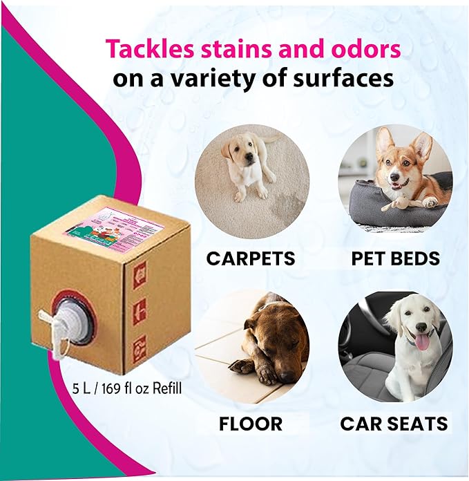6-in-1 Pet-Safe Cleaner and Odor Remover Refill (5 Liter) Cleans pet Coat, Paws, Toys. Eiminates pet Odors. Removes pet Messes on Carpet, Floor, Upholstery, car seat on Contact. No Rinse.