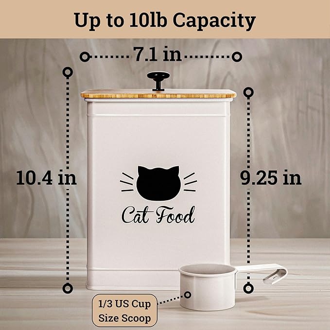 Cat Food Storage Container with Scoop - 25 Cup Capacity White Cat Food Container with Airtight Bamboo Lid - Metal Cat Food Bin - Cat Food Holder Storage - Pet Food Storage Container - Kibble Container