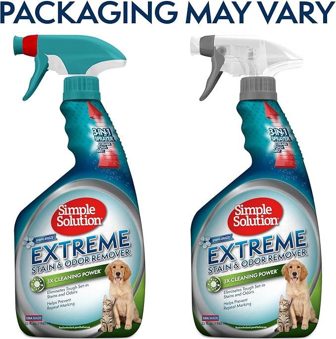 Simple Solution Extreme Pet Stain and Odor Eliminator Spray for Dogs and Cats - Enzymatic Cleaner with 3X Pro-Bacteria Cleaning Power - Strong Urine Pee & Poop Stain Remover - Spring Breeze, 32 oz