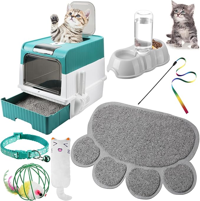 Tioncy 7 Pcs Small Cat Kitten Starter Kit Cat Litter Box with Shovel Cat Paw Litter Mat Double Automatic Cat Bowls Cat Toy Teaser Stick Cat Collar Essentials Kits for 1-3 Lbs Beginner (Green)