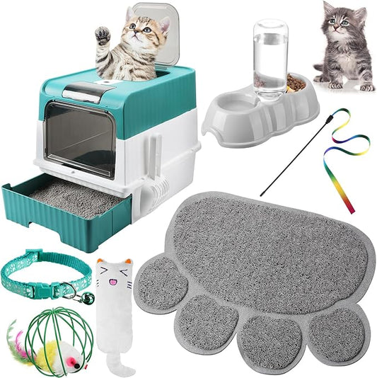 Tioncy 7 Pcs Small Cat Kitten Starter Kit Cat Litter Box with Shovel Cat Paw Litter Mat Double Automatic Cat Bowls Cat Toy Teaser Stick Cat Collar Essentials Kits for 1-3 Lbs Beginner (Green)