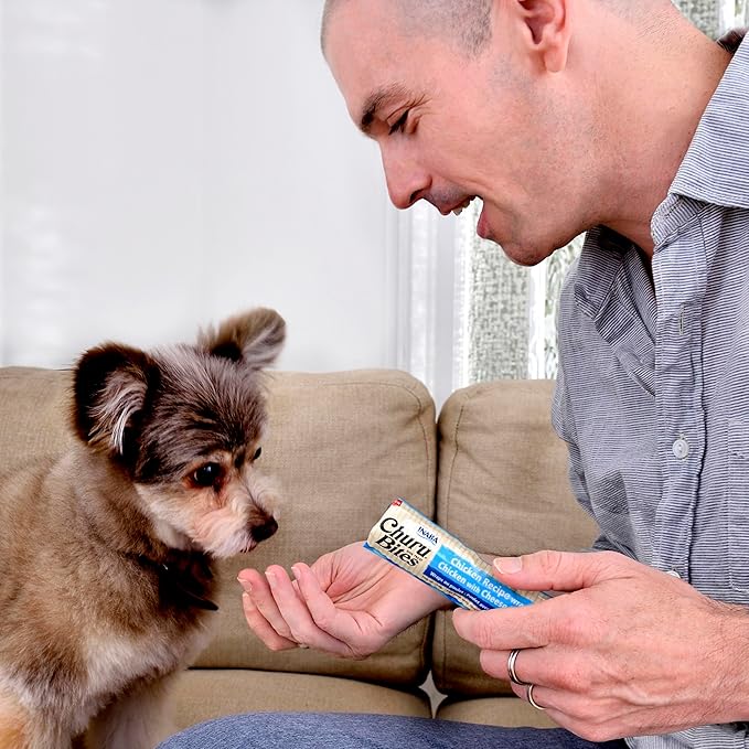 INABA Churu Bites for Dogs, Grain-Free, Soft/Chewy Baked Chicken Wrapped Churu Filled Dog Treats, 0.42 Ounces Each Tube | 48 Tubes Total (8 Tubes per Pack), Chicken with Cheese Recipe