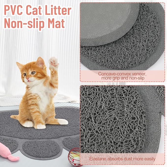 Tioncy 7 Pcs Small Cat Kitten Starter Kit Cat Litter Box with Shovel Cat Paw Litter Mat Double Automatic Cat Bowls Cat Toy Teaser Stick Cat Collar Essentials Kits for 1-3 Lbs Beginner (Pink)