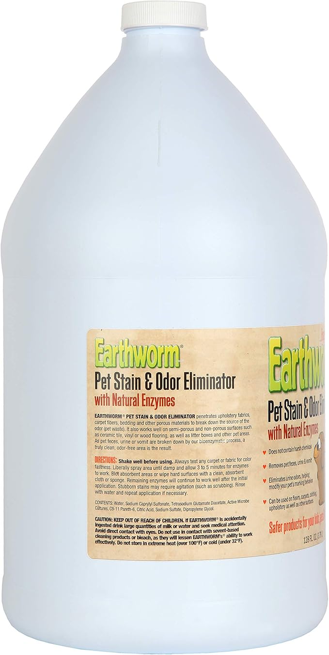 Earthworm Pet Stain Remover & Odor Eliminator- Removes Urine Smell with Natural Enzyme Formula, Fragrance Free Spray - 128 oz
