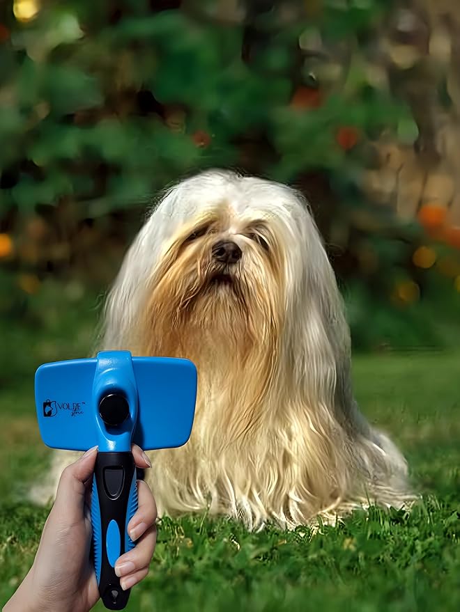 Volpe Self-Cleaning Slicker Brush for Cats & Dogs,Pets Short & Long Hair,Gentle Grooming Tool,Ergonomic Handle,Easy to Clean,Deshedding & Removal Tangled Fur,Dark Blue