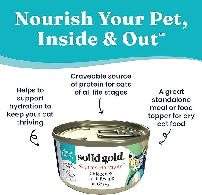 Solid Gold Nature's Harmony Wet Cat Food - Pate & Shreds in Gravy - Real Chicken & Duck Shreds - Canned Cat Food, 24 Pack