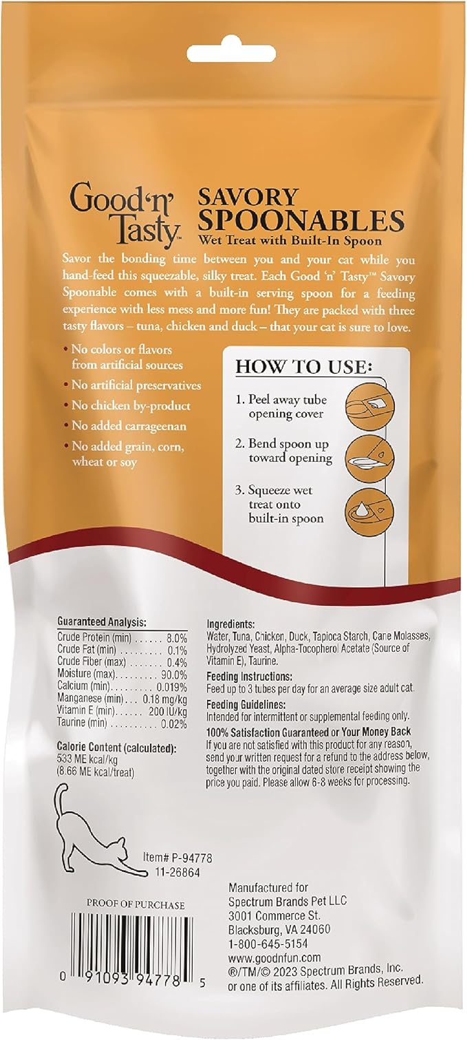 Good ‘n’ Tasty Savory Spoonables with Real Tuna, Chicken & Duck, 6 Count Tube, Triple Flavor Squeezable Lickable Wet Treats for Cats with Built-in Spoon for Less Mess