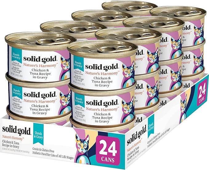Solid Gold Nature's Harmony Wet Cat Food - Chicken & Tuna Shreds in Gravy - Canned Cat Food, 24 Pack
