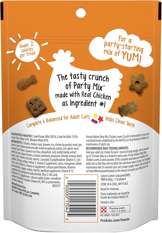 Purina Friskies Made in USA Facilities Cat Treats, Party Mix Chicken Lovers Crunch - (6) 6 oz. Pouches