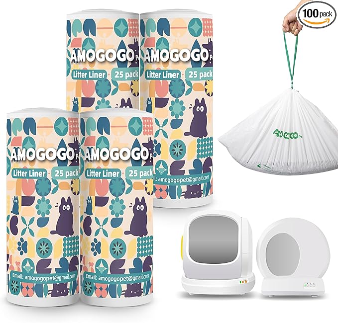 100 Pcs Litter Box Liner Bags, Compatible with Meowant MW-SC01, MW-SC02 and MW-LR01, Automatic Litter Box Heavy Duty Replacement Waste Bags, Drawstring Leak-proof Trash Bags, 18.5" x 12.6"