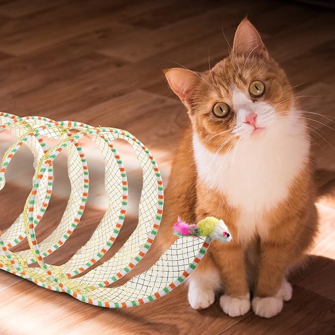 2pcs, Folded Cat Tunnel Spring, 10in Large Size Portable Cat Toy Spiral Tunnel, with Synthetic Feather and Toy Mouse Tunnel Spring Outdoor Puppy Kitten Generic (Striped Yellow, Purple)