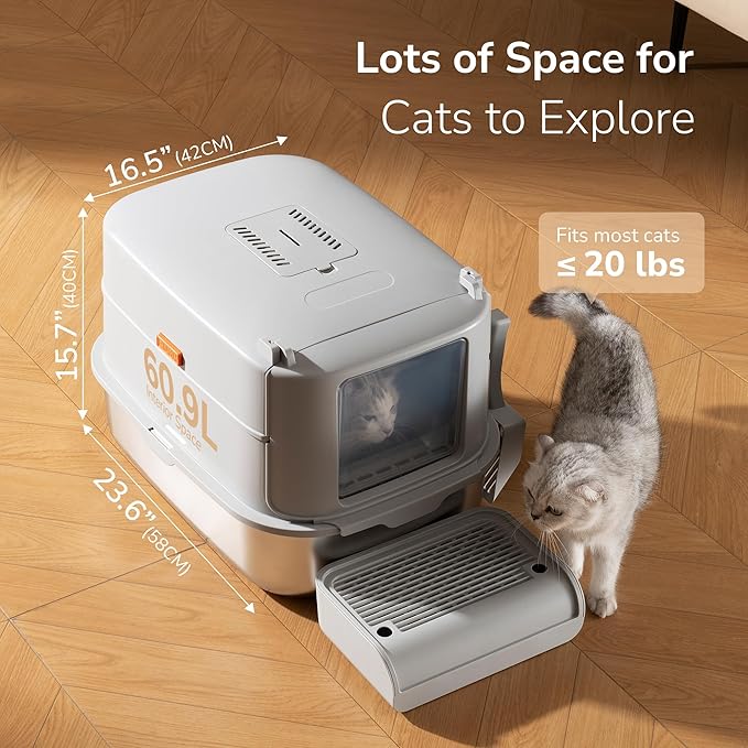 Stainless Steel Litter Box with Lid – XL Removable Covered Cat Litter Box with Door Flap,Extra Large Enclosed Metal Litter Box with High Sides,Litter Scoop – Durable & Easy to Clean,LightGrey