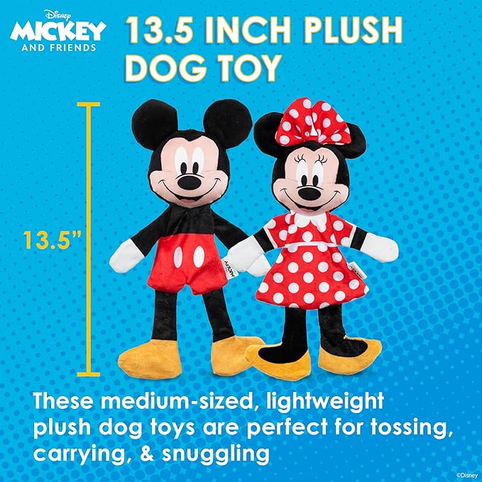 Mickey Mouse & Minnie Mouse Plush Squeaker with Crinkle Flattie Body Dog Toy Set | Disney Dog Toys | Plush Squeaker Toy for Dogs Inspired by Mickey Mouse, 13.5in - 2 Pack