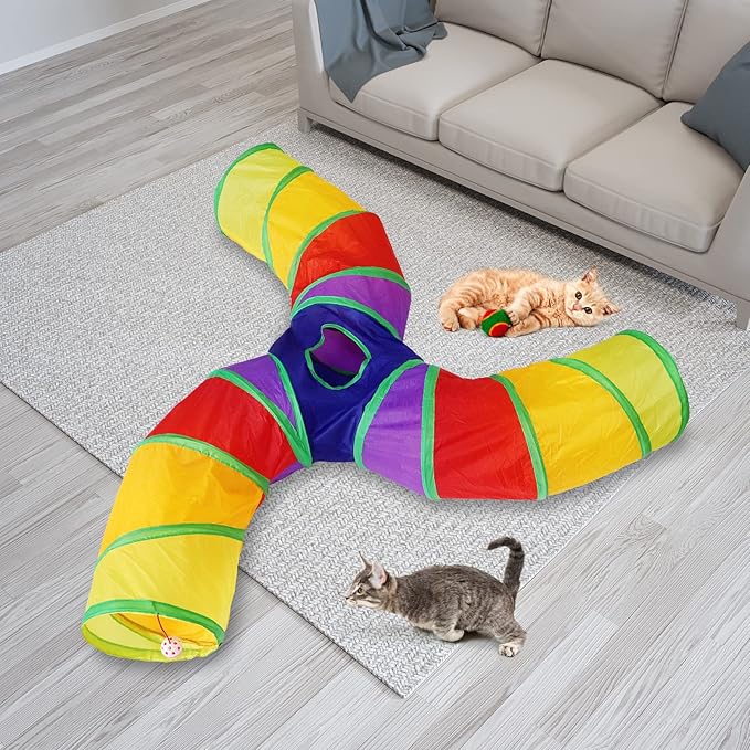 Bemodst Cat Tunnel for Indoor Cats Large,Cat Tubes and Tunnels Collapsible S-Shape Cat Tubes Kitty Tunnels Interactive Cat Toy with Storage Bag for Cat Small Dogs Ferret Rabbit (Colored 3-Way)
