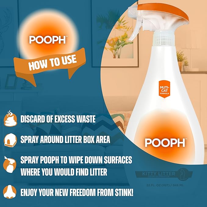 POOPH Kitty Spray - Odor Eliminator, 32oz - Dismantles Odors on a Molecular Basis, Cats, Freshener, Eliminator, Urine, Poop, Pee, Deodorizer, Fresh, Clean, Furniture, Potty, Safe