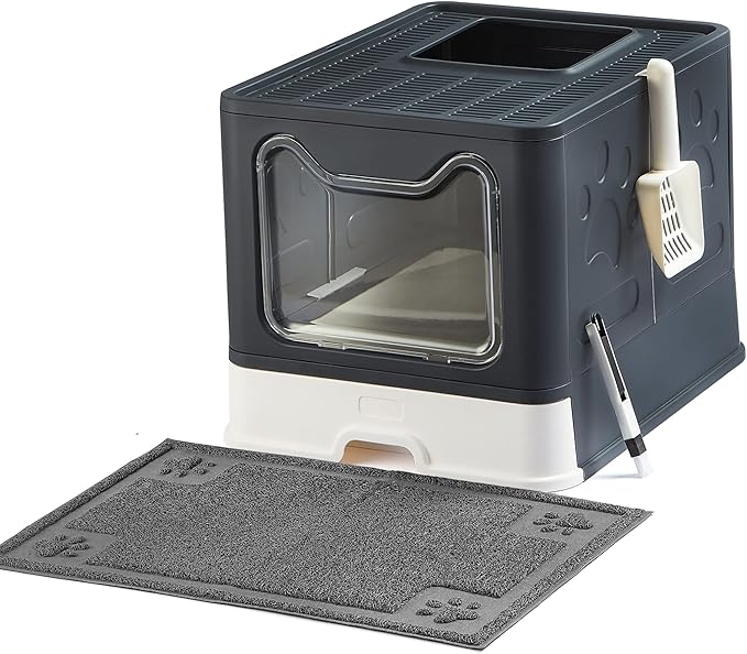 Suhaco Cat Litter Box with Lid Large Foldable Front Entry Top Exit Kitty Litter Box with Cat Litter Mat, Covered Kitten Litter Tray for Indoor Cats with Litter Scoop & Cleaning Brush Easy Clean(Black)