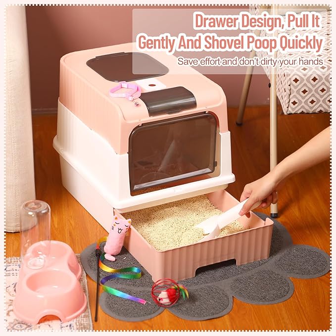 Tioncy 7 Pcs Small Cat Kitten Starter Kit Cat Litter Box with Shovel Cat Paw Litter Mat Double Automatic Cat Bowls Cat Toy Teaser Stick Cat Collar Essentials Kits for 1-3 Lbs Beginner (Pink)