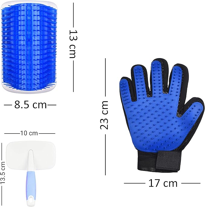Eco-Fused Brush Kit for Cats - 1x Cat Self Groomer, 1x Blue Slicker Brush, 1 Pet Grooming Glove (Right Hand) - Long and Short Fur - DIY Grooming Tools for Pets - Pet Mitt, Wide Comb and Corner Groomer
