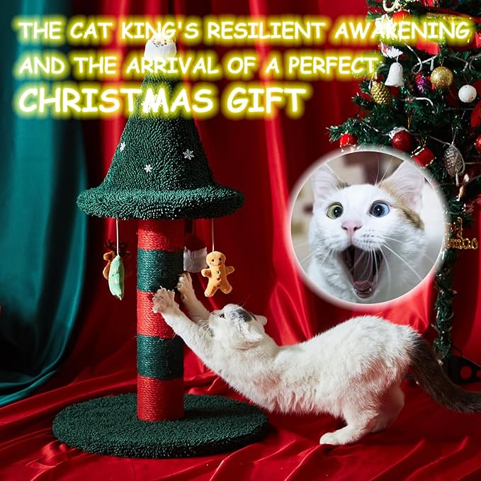 LUCKITTY Cat Scratching Post with 4 Hanging Plush Toy - Christmas Tree Alternative Give Your Cat a Toy and Scratching Post in One with This Ultimate Cat Tree 30 * 15 Inch Red Green