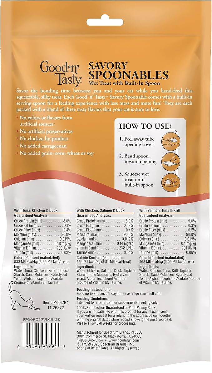 Good ‘n’ Tasty Savory Spoonables Variety Pack, 15 Count Tube, Triple Flavor Squeezable Lickable Wet Treats for Cats with Built-in Spoon for Less Mess