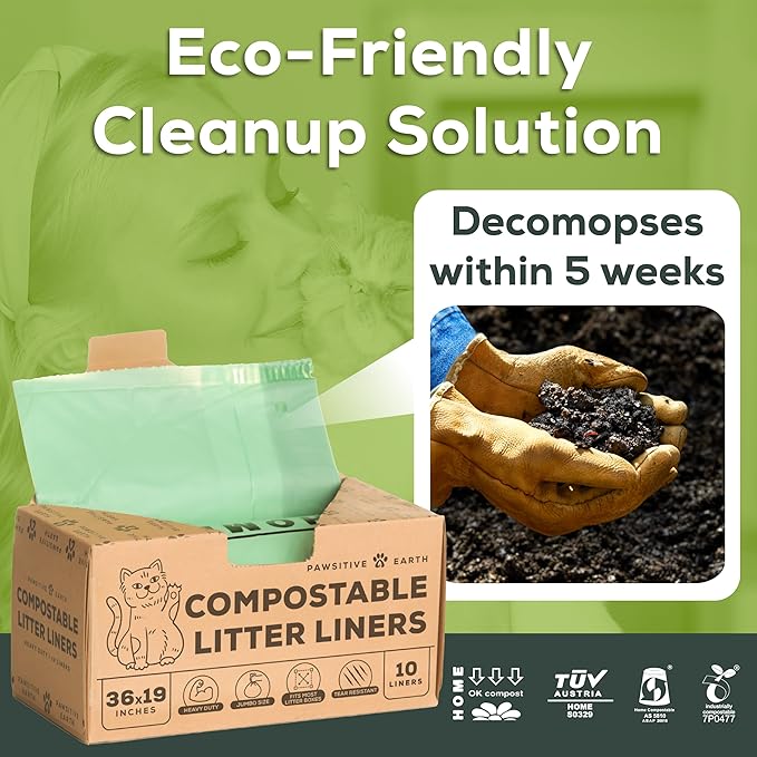 Cat Litter Box Liners 100% Compostable - Drawstring Close - 10 Count - Jumbo Size 36" x 19" - Tear & Leak Resistant - OK Compost Home Certified