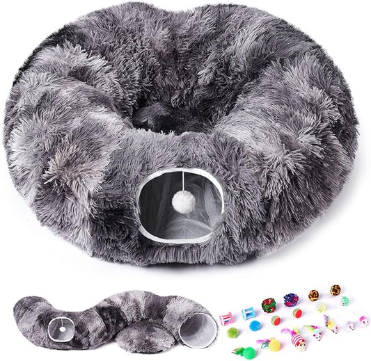 Odoland Cat Tunnels for Indoor Cats with Fluffy Plush Central Cat Couch and 20 Cat Toys, Tunnel Bed for Cats with Hanging Ball, Detachable Soft Mat and Variety Kitty Toy Set, Grey