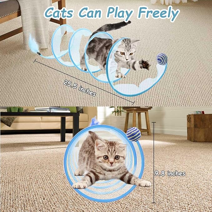 Cat Tunnel, Folded Cat Tunnel Toy 1PCS, Blue Sisal Hemp Ball Tube Cat Springs for Indoor with Feather, Mouse Toys Interactive Cat Toy Tunnel Self-Happy Cat Toys, S-Type Collapsible Tent