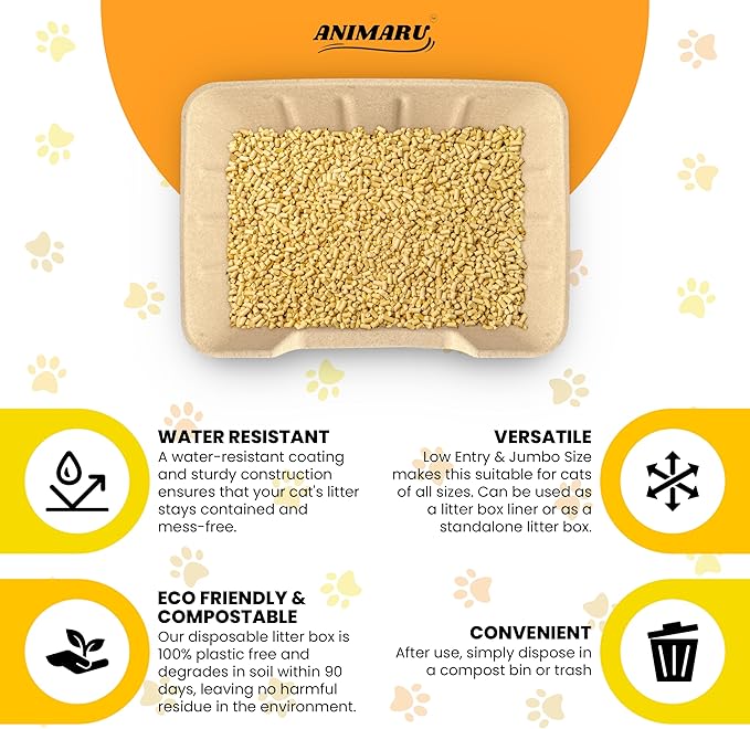 Disposable Litter Boxes for Cats, Jumbo, Low Entry, 4 Pack, 20"x14.5"x5" | Animaru | Sturdy, Leak Resistant and Sustainable