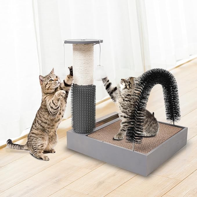 Cat Scratching Post with Cat Tower Tree and Cats Arch Self Groomer Massager Brush Kitty Ball Toys for Kittens,Cat Posts and Scratchers for Indoor Pets,Interactive Toy with Ball Track Spring Ballā¦