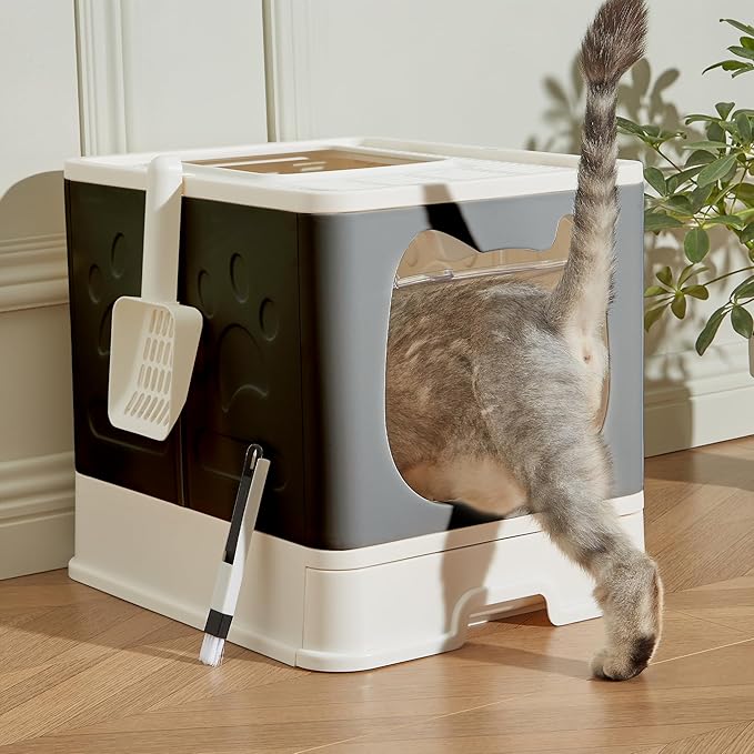 Vealind Covered Cat Litter Box with Sifting Lid, Kitty Litter Box Enclosure, Top Entry Enclosed Litter Box with Litter Scooper and Brush, Black & White Easy Clean Hooded Travel Litter Box for Cats