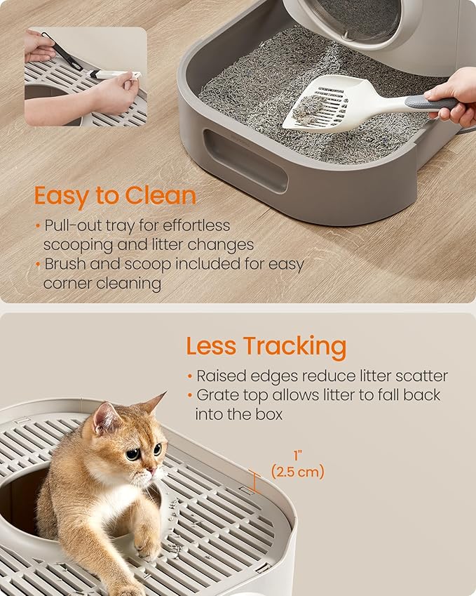 Feandrea Cat Litter Box with Lid, XL Enclosed Litter Box with Slide-Out Tray, Scoop, Brush, Anti-Tracking, for Cats of Different Sizes, Oatmeal and Warm Gray UPPT002G01