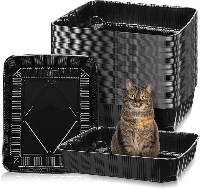 Zubebe 50 Pack Disposable Cat Litter Box for Cats, Large Disposable Kitty Litter Tray Box 19.69 x 15.75 x 3.94 inches Plastic Litter Box Pan Standard for Indoor Home Travel Portable(Black)