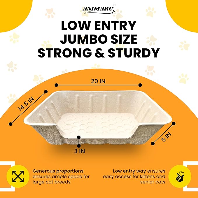 Disposable Litter Boxes for Cats, Jumbo, Low Entry, 4 Pack, 20"x14.5"x5" | Animaru | Sturdy, Leak Resistant and Sustainable